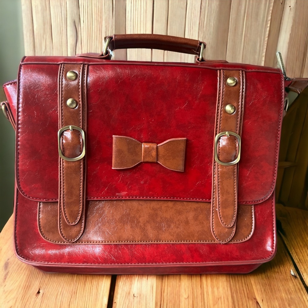 NWT Ecosusi Vegan Leather Bow Messenger Bag Boho Rustic Red with Shoulder Strap